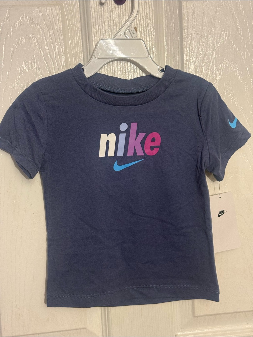 Nike Kids Short Sleeve Logo Tee - Navy with Pink & Blue Accents